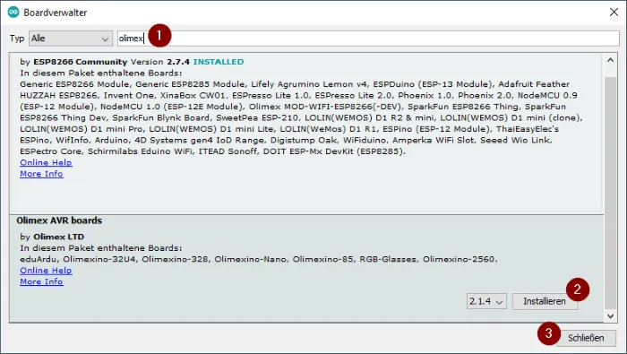 Installieren des Boardtreibers für den OLIMEXINO 85 in der Arduino IDE