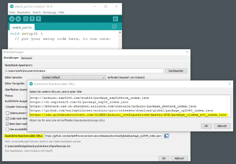 hinzufügen einer neuen Boardverwalter URL in der Arduino IDE