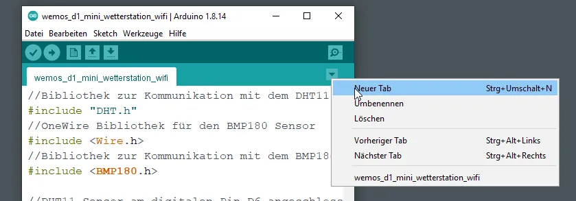 erzeugen eines neuen Tabs in der Arduino IDE