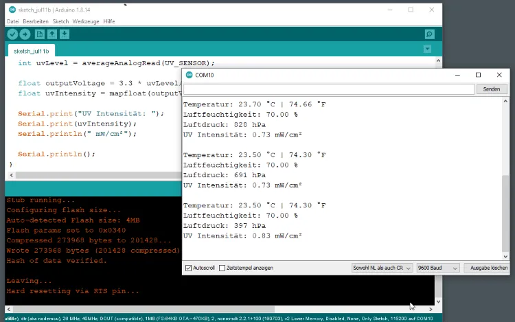 Ausgabe der Sensorwerte auf der seriellen Schnittstelle