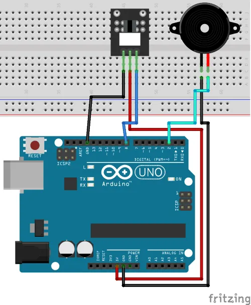 Aufbau der Schaltung - Arduino UNO R3 mit Gabellichtschranke & Piezo Buzzer