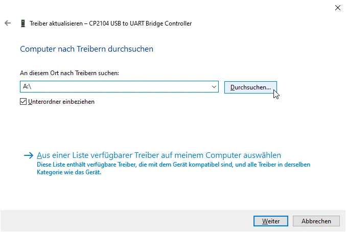 Treiber im Ordner suchen oder manuelle Eingabe des Pfades