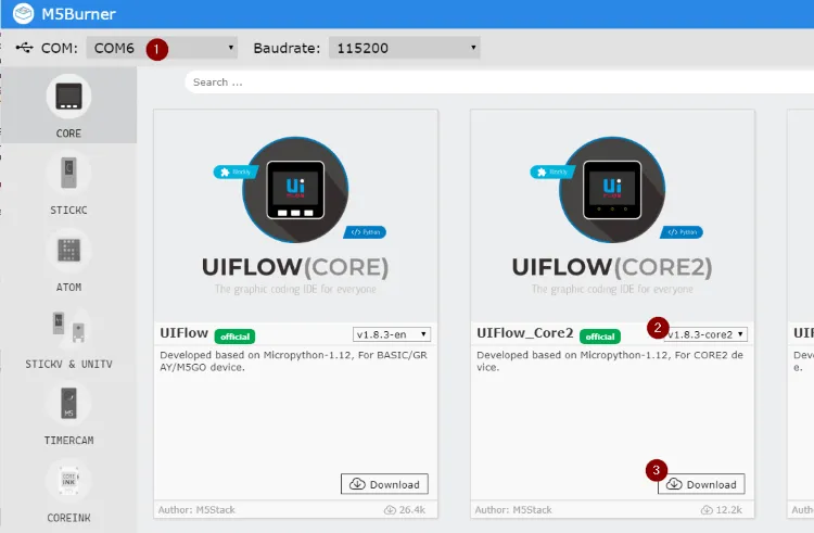 M5Burner - herunterladen des Flashfiles für den Core2