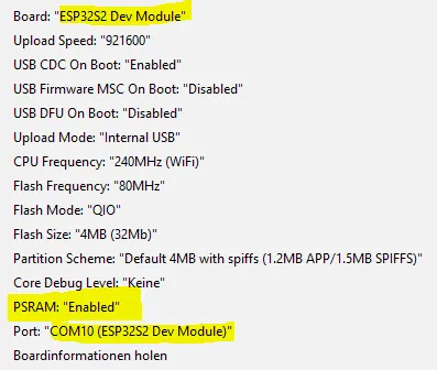 onfiguration des Lolin S2 mini Boards in der Arduino IDE