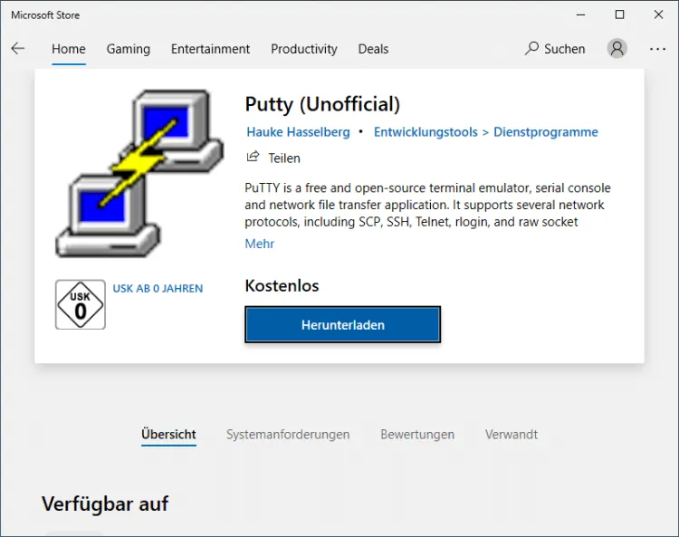 SSH Tool Putty im Microsoft Store