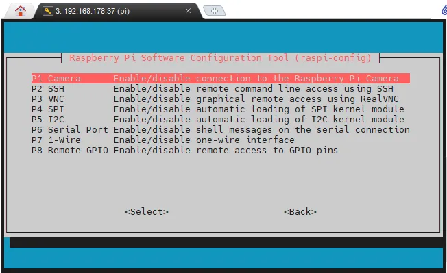 raspi-config - aktivieren der Pi Camera - Schritt 2