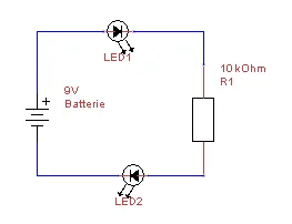 Reihenschaltung - zwei LEDs, Vorwiderstand an 9V Blockbatterie