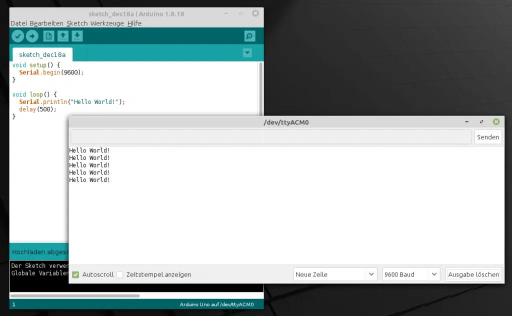 Arduino IDE - serieller Monitor, Ausgabe von 