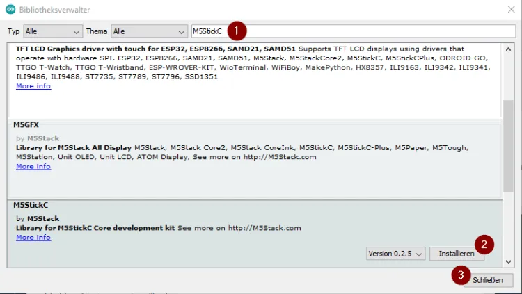Arduino IDE - Bibliotheksverwalter, installieren der M5StickC Bibliothek