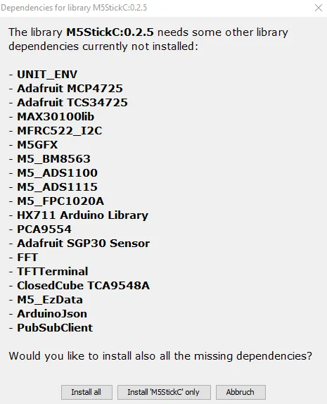 zusätzliche Abhängigkeiten für die M5StickC Bibliothek