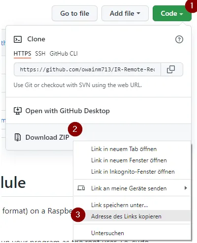 kopieren der Download ZIP Adresse in die Zwischenablage