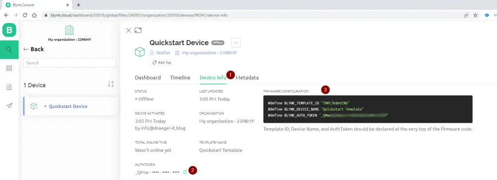 Blynk IoT - ermitteln des Auth-Token