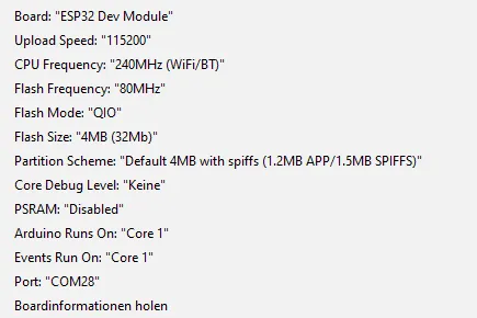 Konfiguration des ESP32 in der Arduino IDE