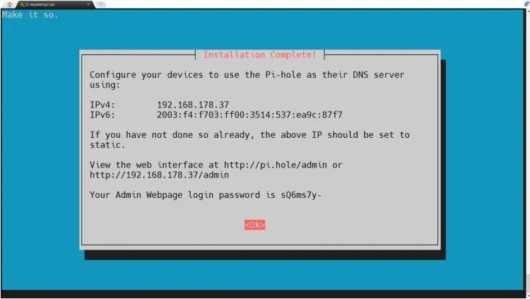 Abschluss der Installation von Pi-hole