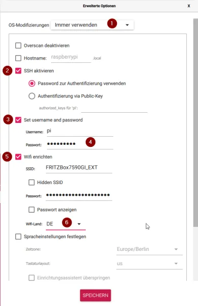 Erweiterte Optionen im Raspberry Pi Imager