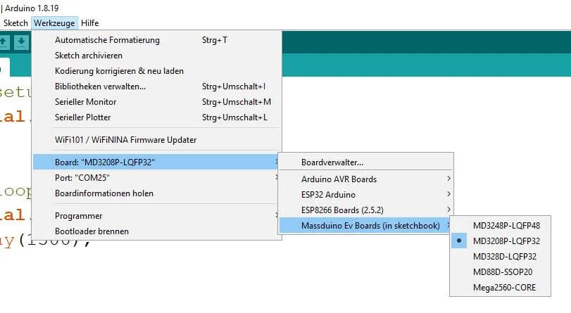 Auswahl des Boardtreibers in der Arduino IDE