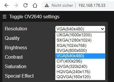 ESP32-CAM WebInterface verfügbare Auflösungen