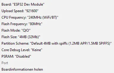 Einstellungen für den ESP32-D0WDQ6