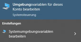 Einträge im Startmenü zum hinzufügen von Umgebungsvariablen