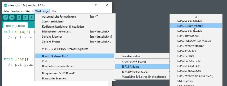 Auswahl des Mikrocontrollers aus der Liste der installierten Boards