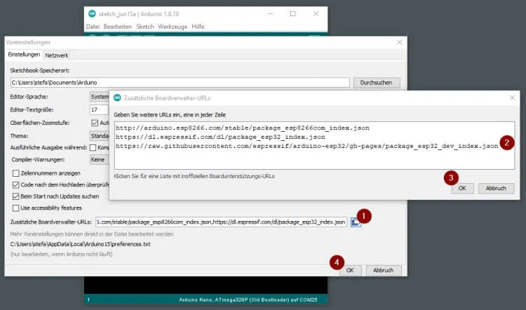 hinzufügen der URL in den Voreinstellungen der Arduino IDE