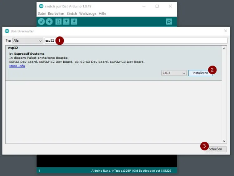 installieren des Treibers für den ESP32 C3 im Boardverwalter der Arduino IDE