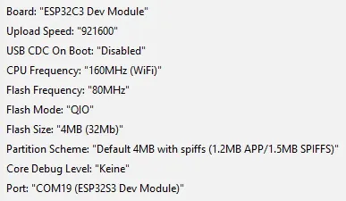 Einstellungen für den ESP32 C3 in der Arduino IDE