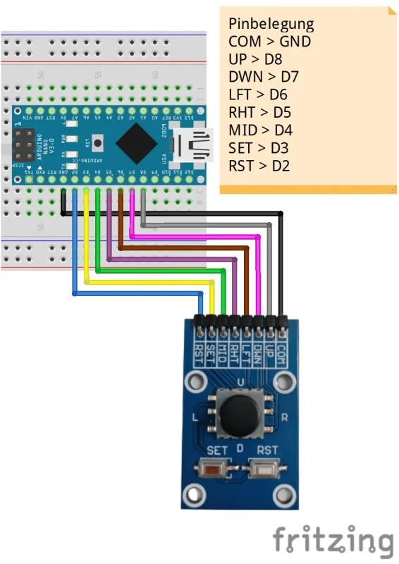 Schaltung - fünf Richtungen Taster am Arduino Nano V3