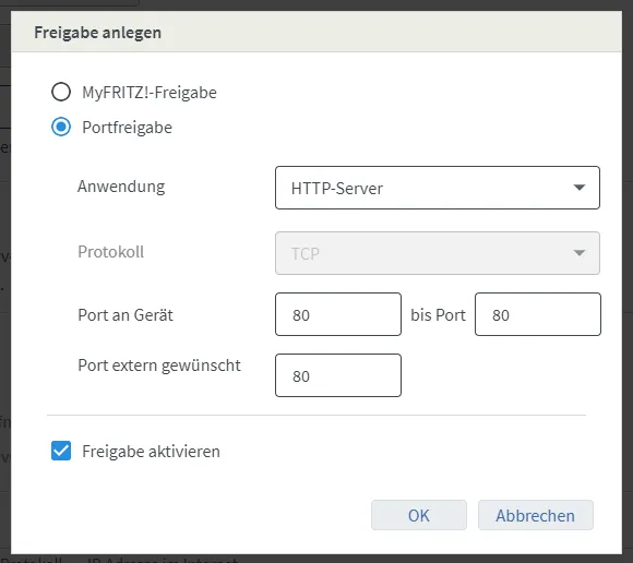 HTTP Portfreigabe einrichten