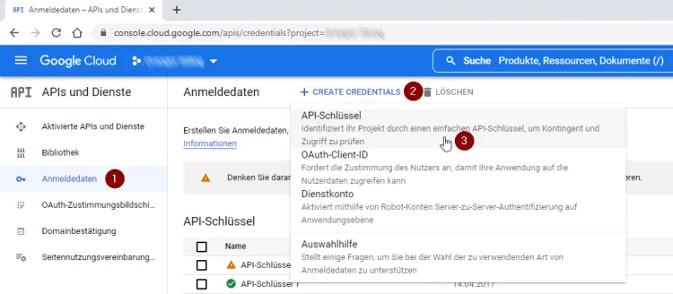 Schritt 1 - erstellen eines API Keys im Google Developer Account