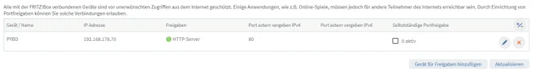 aktive Portfreigabe für den Raspberry Pi Pico W für das bereitstellen einer Webseite ins Internet