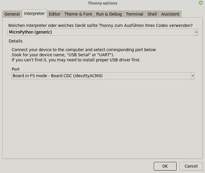 Einstellungen für den Raspberry Pi Pico in er Thonny IDE unter Linux
