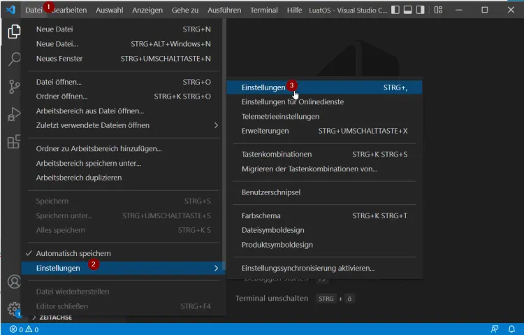 öffnen der Einstellungen in Visual Studio Code