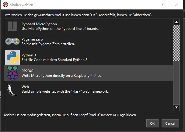 MU-Editor , wählen des Modi für den RP2040