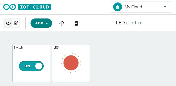 fertiges Dashboard zum steuern einer LED per Schalter am Wemos in der Arduino Cloud