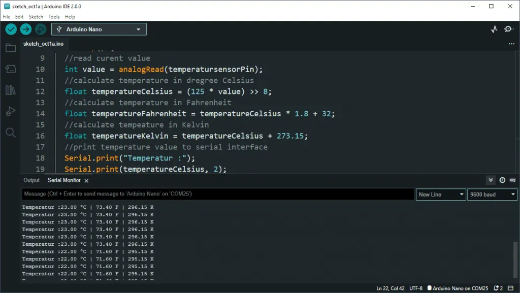 print temperature values from LM35DZ to serial interface