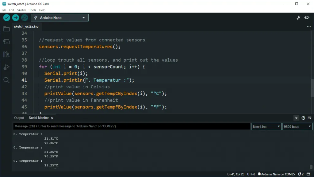 read and print temperature sensor values froom DS18B20