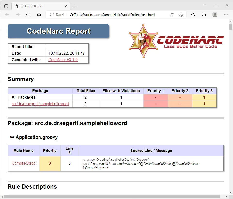 Beispielreport von Groovy-Lint mit CodeNarc