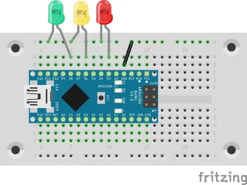 Schaltung - Arduino Nano mit LEDs, rot, gelb, gruen