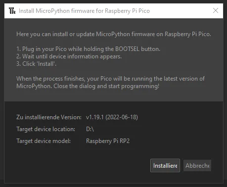 Thonny IDE - installieren der Firmware für den RP2040