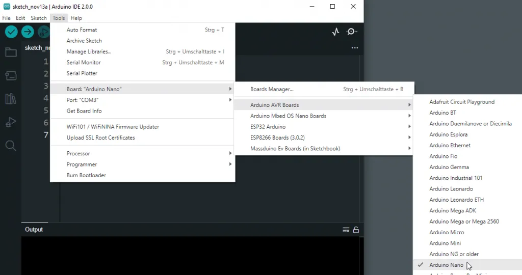 Auswählen des Mikrocontrollers Arduino Nano in der Arduino IDE