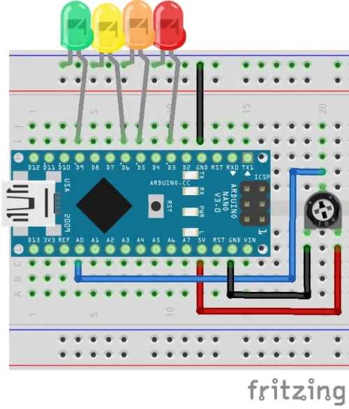 Schaltung - Arduino Nano mit LEDs und Drehpotentiometer