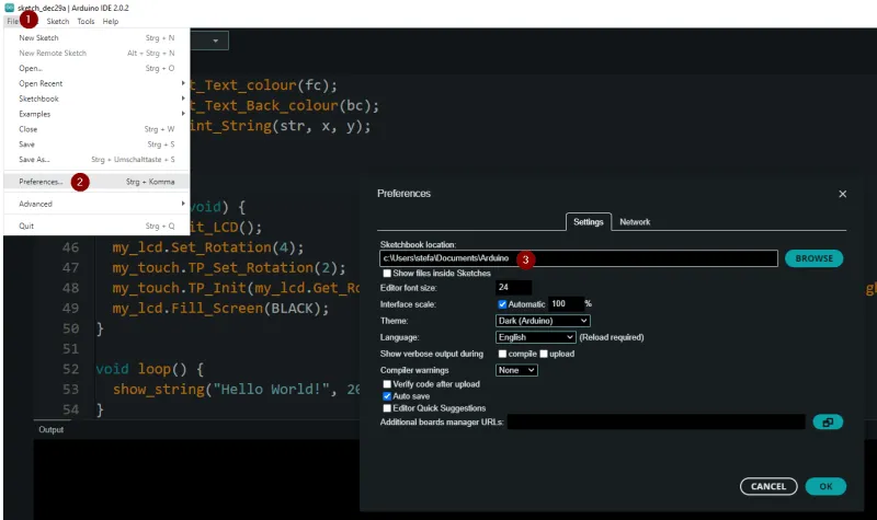 Arduino IDE - Einstellungen für die Ablage von Sketches & Bibliotheken