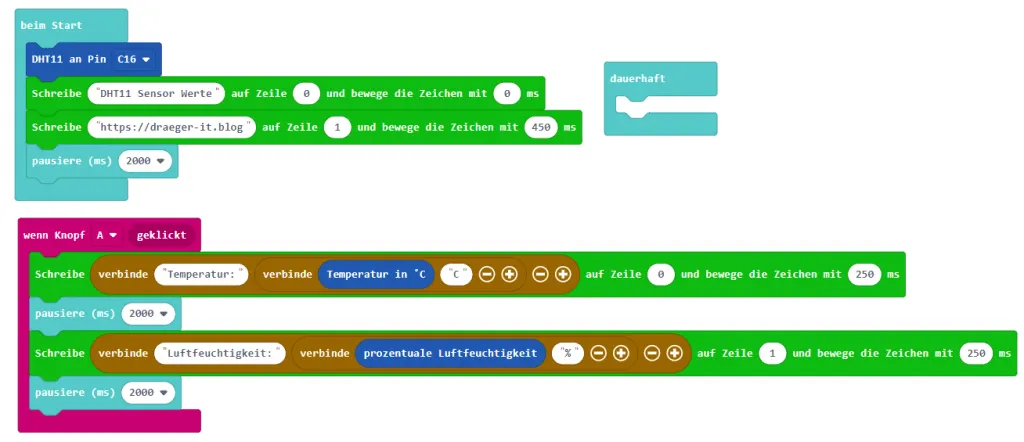 Make Code - Programm zum Anzeigen der DHT11 Sensordaten auf einem LCD-Display
