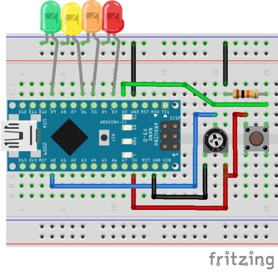 Schaltung - Arduino Nano mit LEDs, Taster & Drehpotentiometer