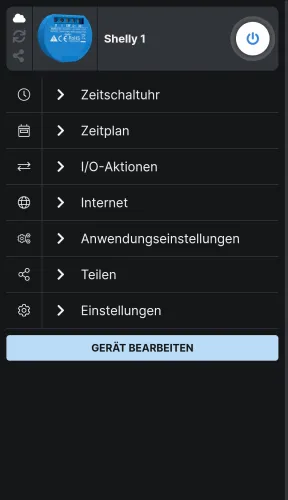 Shelly App - Menü 