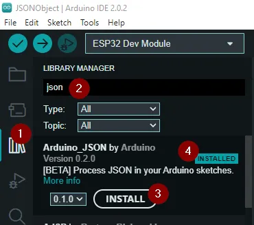 Installieren der Bibliothek Arduino_JSON über den Bibliotheksverwalter