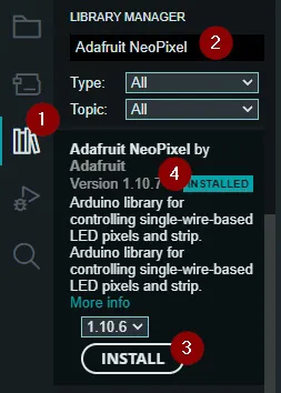 Adafruit_NeoPixel Bibliothek im Bibliotheksverwalter der Arduino IDE