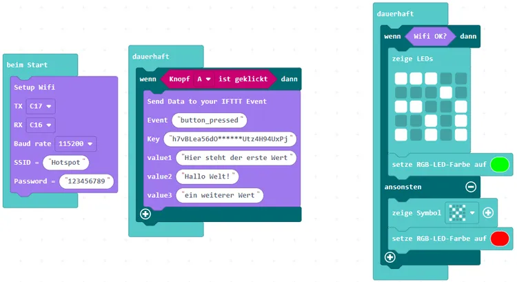 Programm in MakeCode für die UART Kommunikation mit dem ESP8285 am Calliope Mini