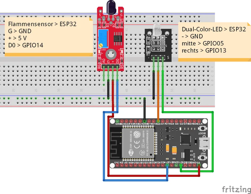 Schaltung - Flammensensor & Dual-Color LED am ESP32